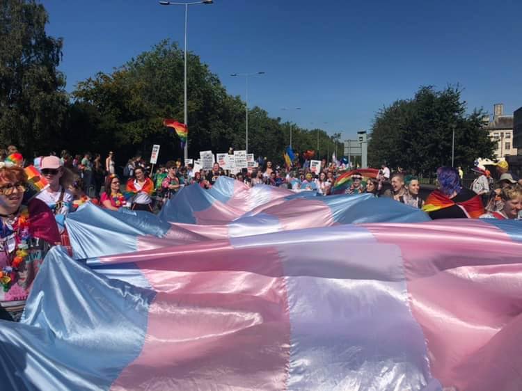 Giant trans flag at Pride parade